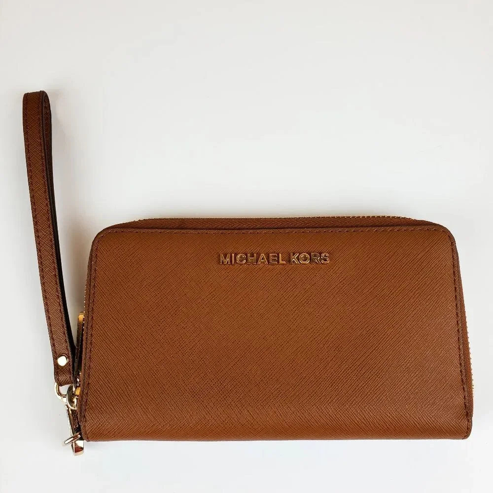 MICHAEL KORS Brown Saffiano Leather Zip-Around Wristlet Wallet